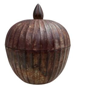 Vintage Tibetan Metal Kalasa Jar Bowl Lid Melon Fluted Rusty Rustic Global Chic